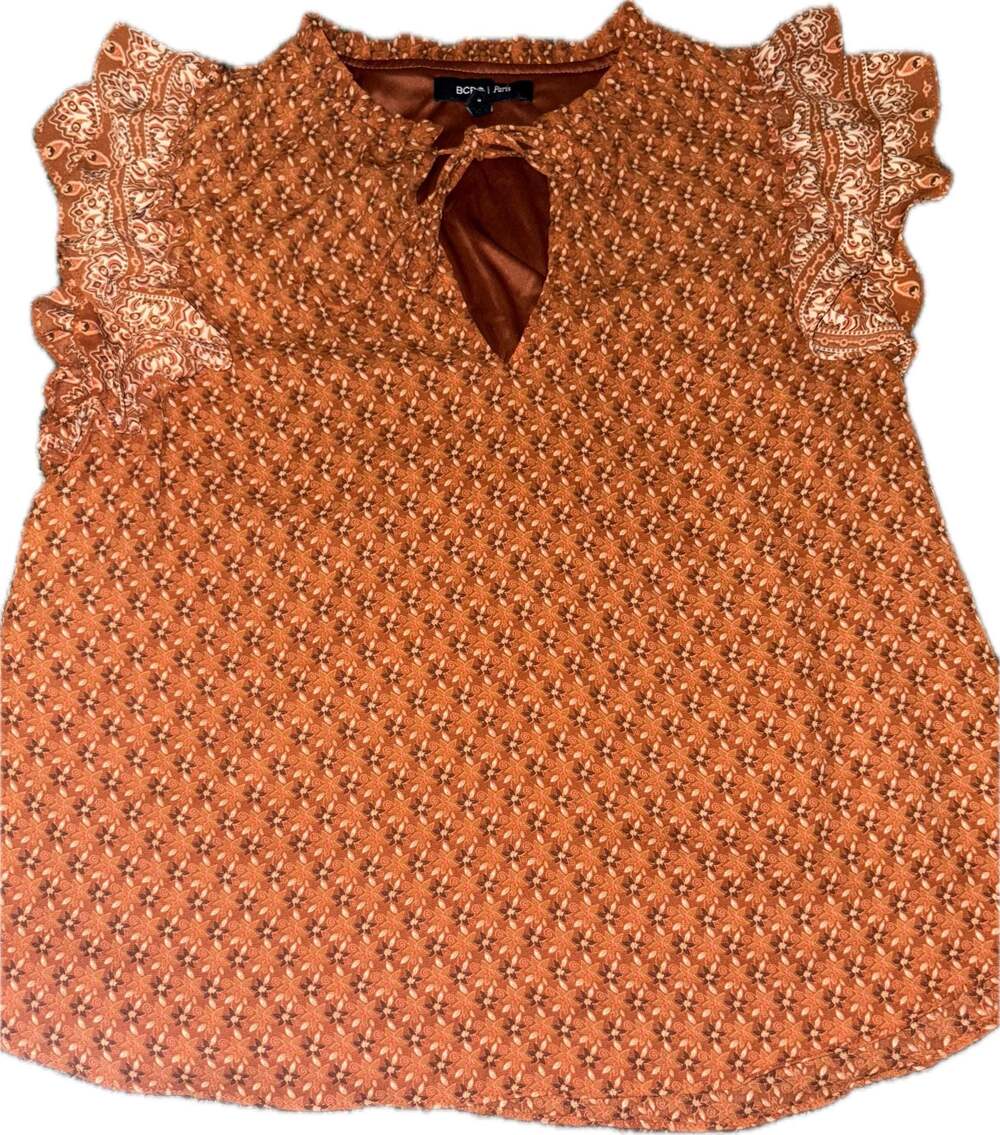 BCBG Paris Orange Floral Print Flutter Sleeve Tie-Front Blouse